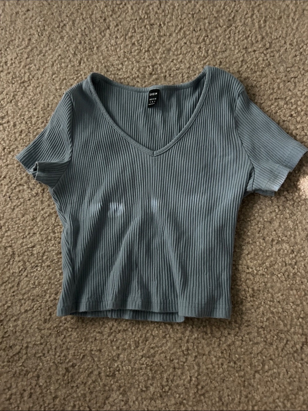 SHEIN Ribbed V-Neck Cropped Tee in Dusty Blue